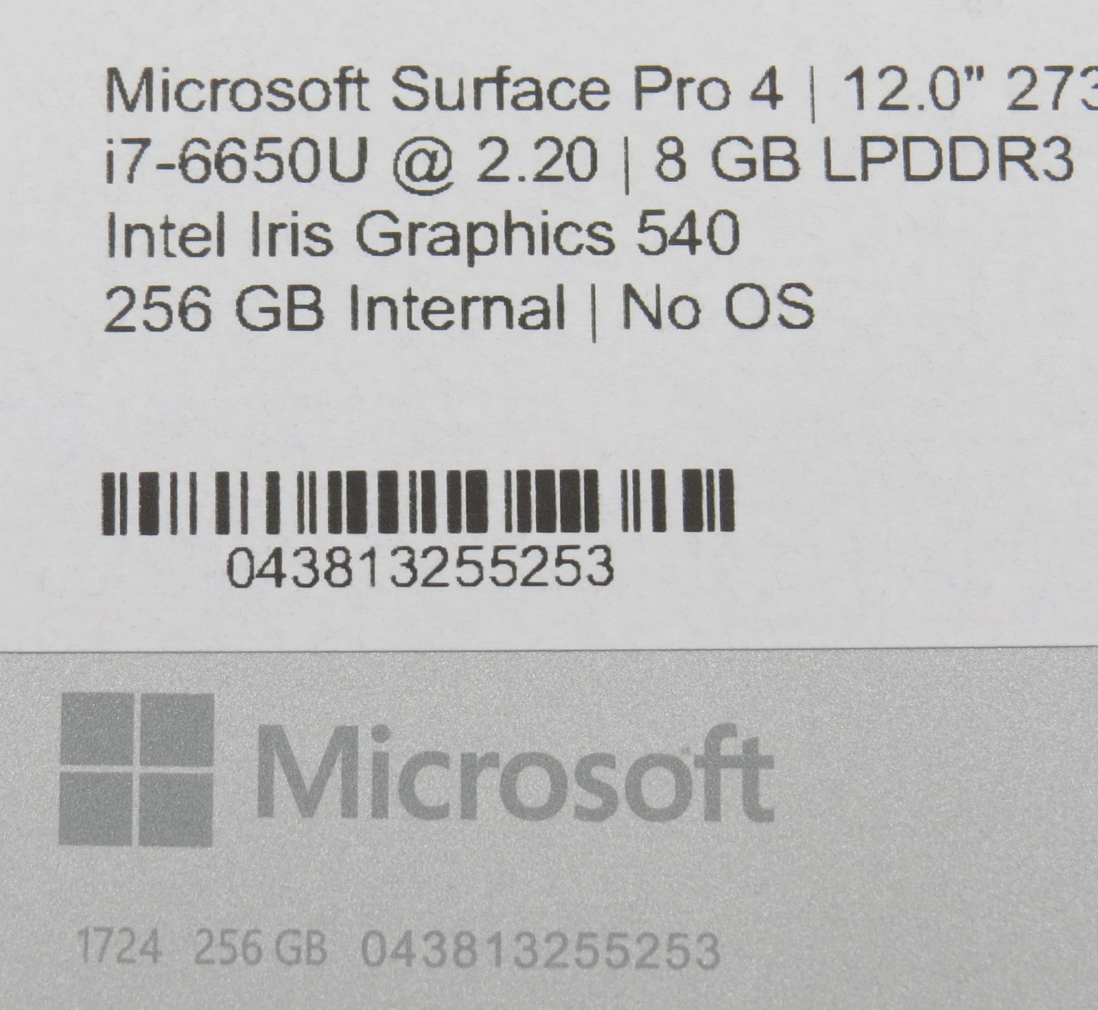Microsoft Surface Pro 4 i7-6650U@2.2GHz 8GB RAM 12″ 256GB HD No OS/AC