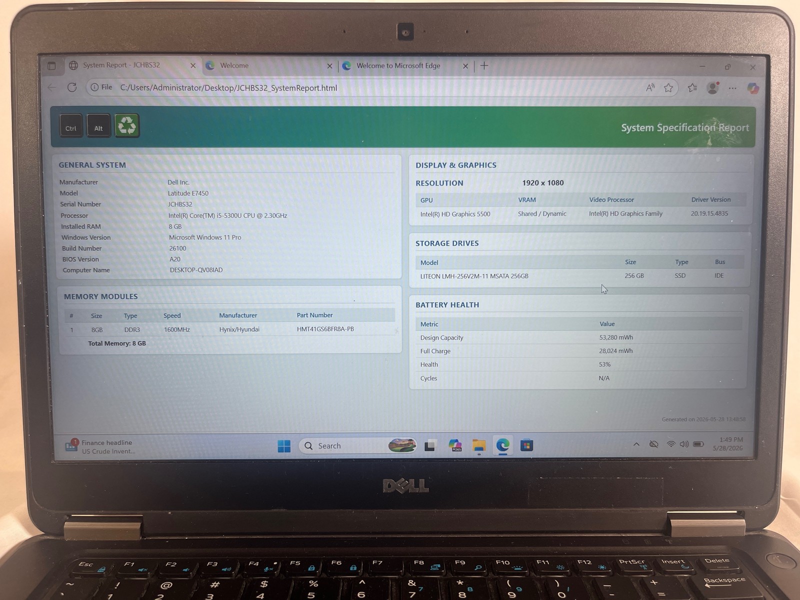 Dell Latitude E7450 Intel Core i5-5300U 8 GB 256GB SSD 14″