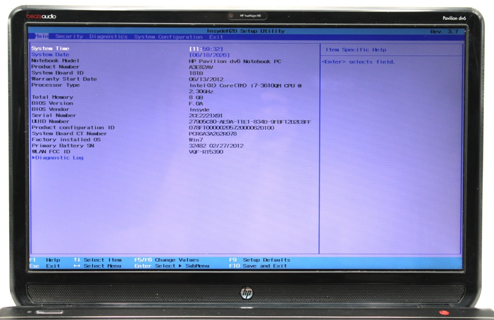 HP Pavilion Dv6 i7-3610QM@2.30GHz 8GB DDR3 NO STORAGE OR OS *USED/TESTED*