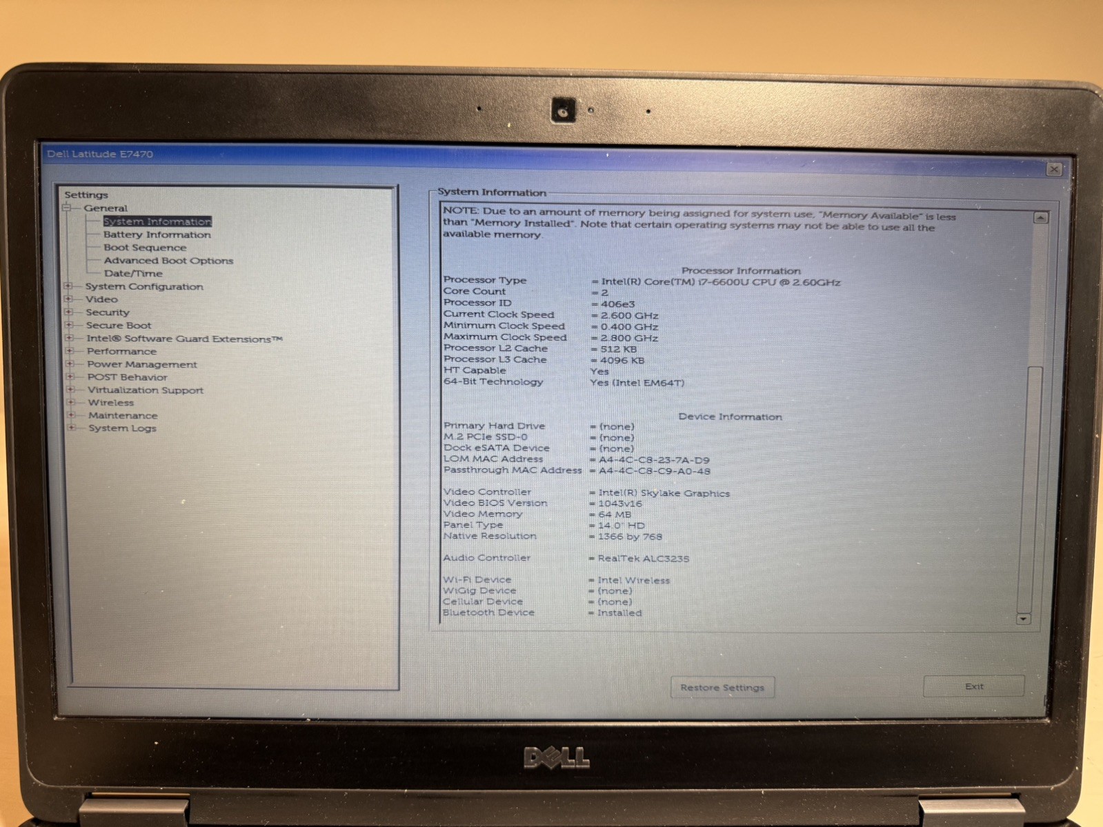 Dell Latitude E7470 Laptop Intel i7 6th Gen No HD/OS/AC Adapter- Swollen Battery