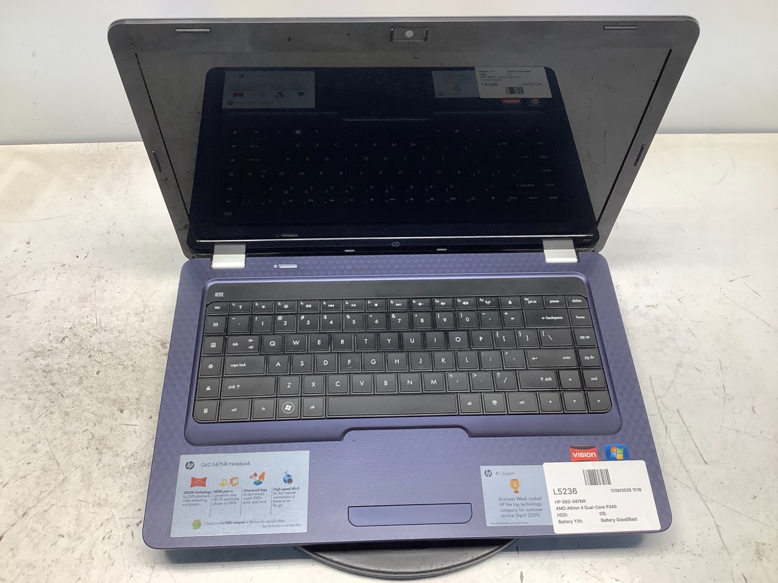 HP G62-347NR AMD Athlon II Dual-Core P340 2.2GHz No RAM NO HDD For Parts/Repair