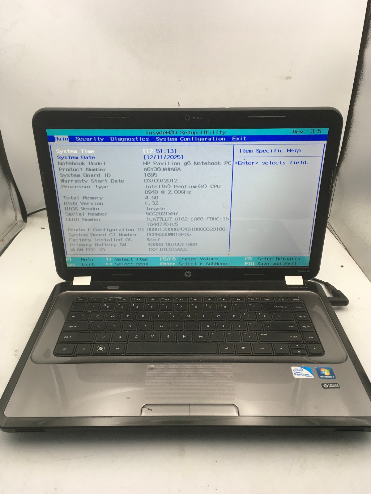 HP PAVILION G6 1D16DX – BOOTS TO BIOS – INTEL PENTIUM B940 – 4GB RAM – READ – BB