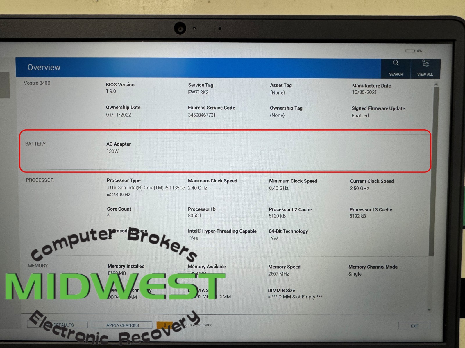 Dell Vostro 3400 i5-1135G7 2.4GHz 8GB RAM (No OS/HDD/SSD + No Battery)