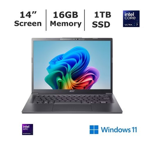 Acer Aspire 14″ Laptop, Intel Core Ultra 7 Processor, 16GB Memory, 1TB SSD, AI C