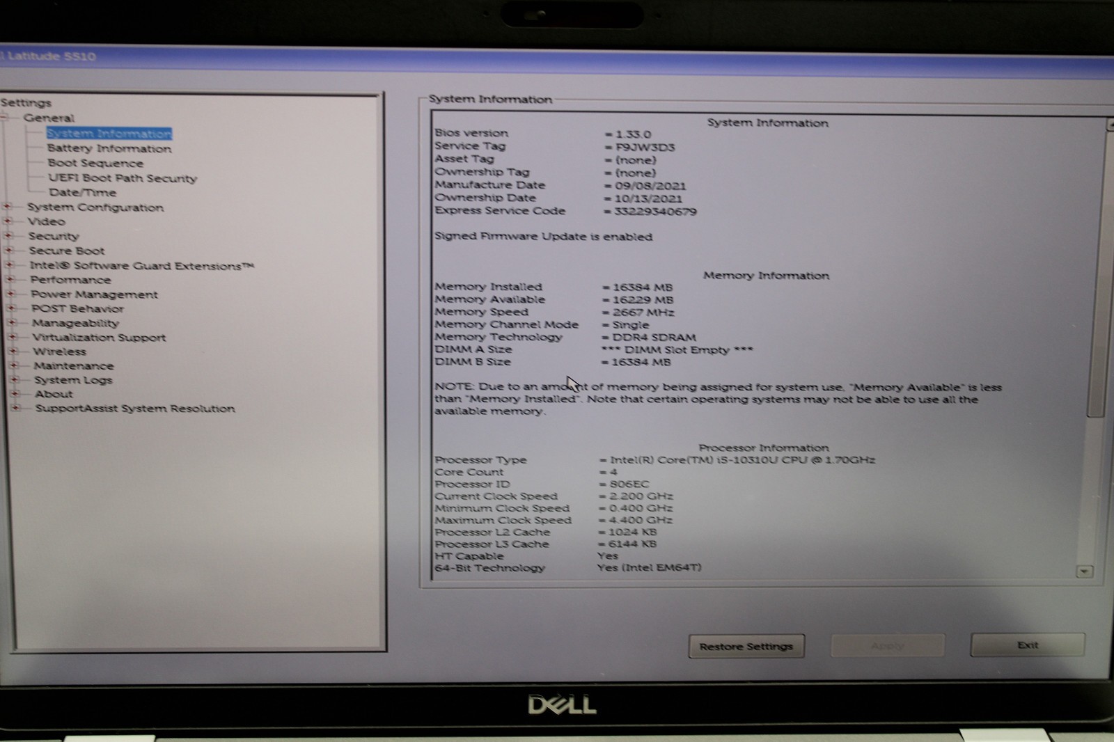 Dell Latitude 5510 _ i5-10310U @ 1.7 _ 16GB RAM _ 256GB SSD _ No OS *READ