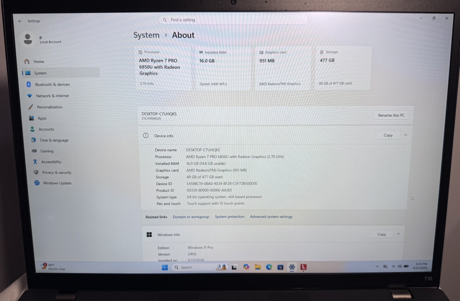 LENOVO ThinkPad T16 Gen 1 RYZEN 7 PRO 16″ 16GB RAM 512GB SSD WIN11P TOUCHSCREEN