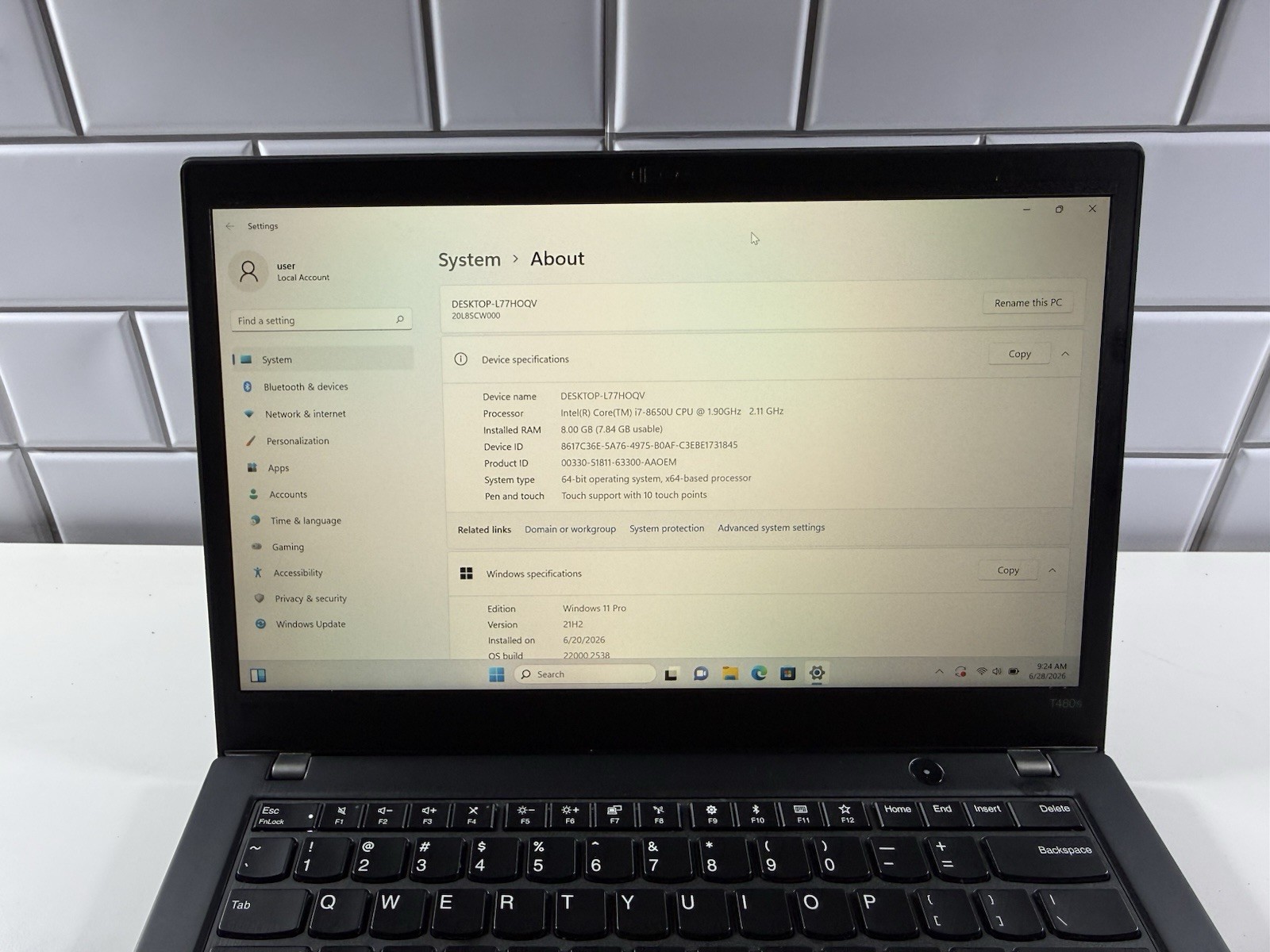 Lenovo ThinkPad T480s 14″ FHD i7-8550U 8GB RAM 512gb NVME WIN 11 PRO TOUCH
