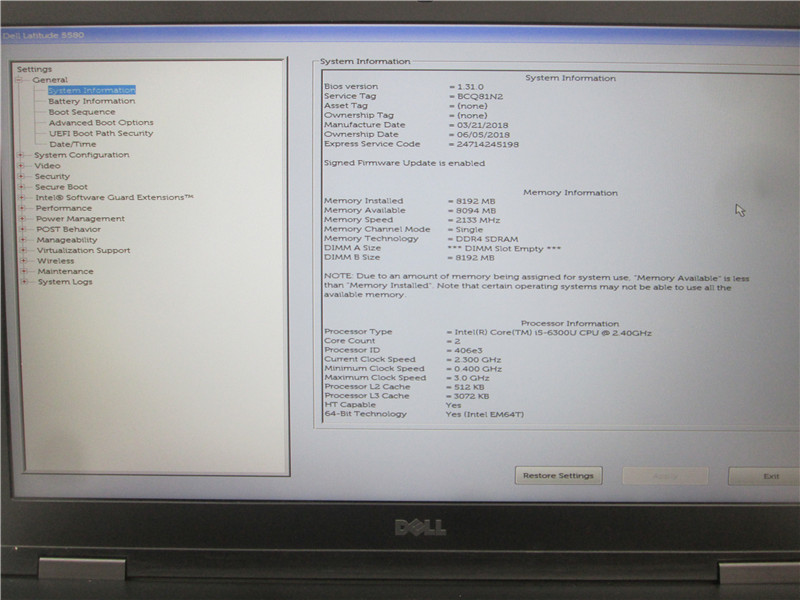 Dell Latitude 5580 Laptop i5-6300U 2.4GHz 8GB 500GB Win 10 COA Grade C
