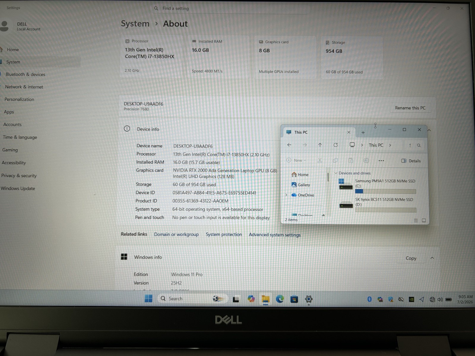 LAPTOP Dell Precision 7680 16″ Core i7-13850HX 16GB RAM 1TB SSD RTX 2000 Win 11