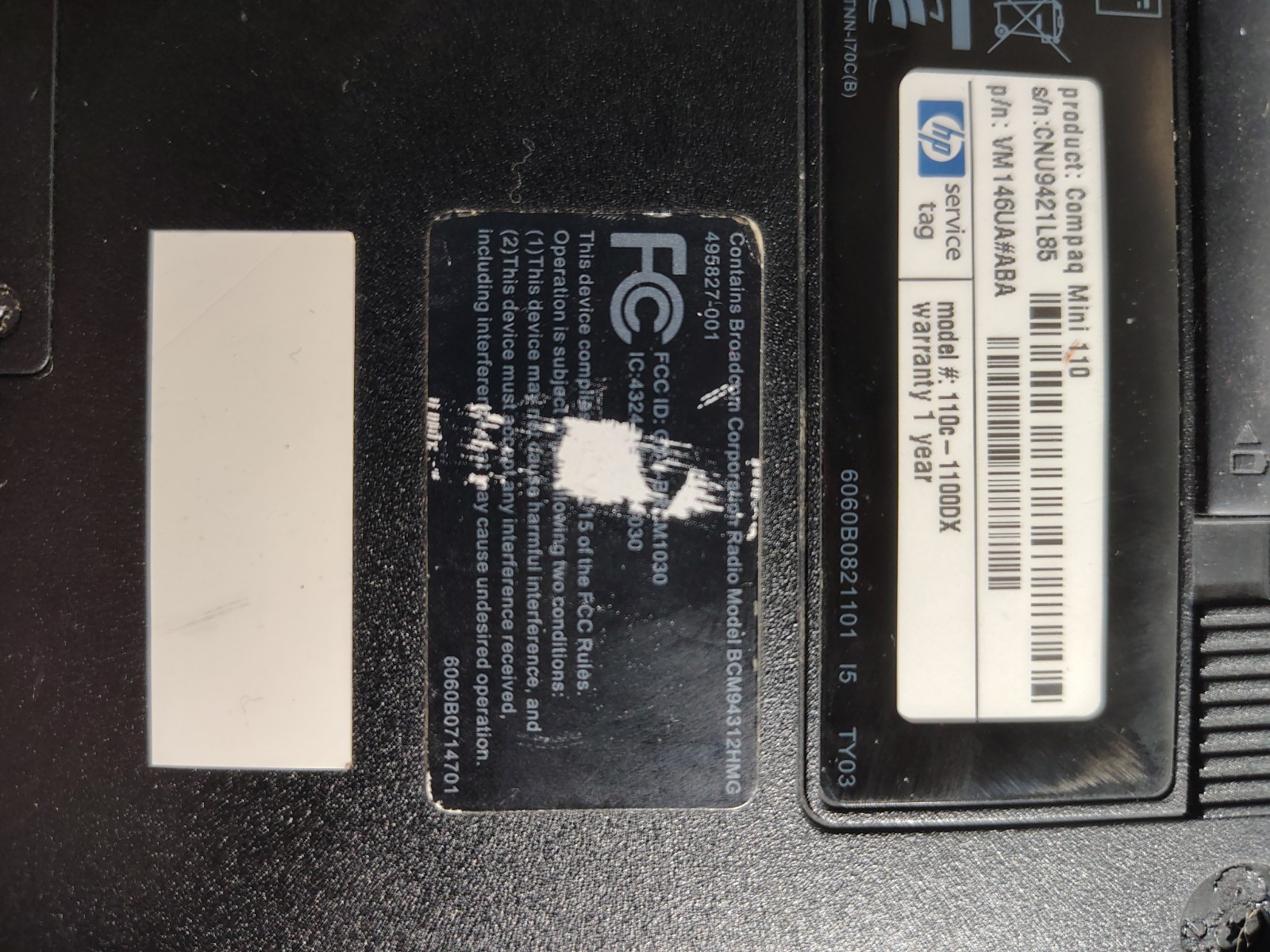 HP Compaq Mini 110 Intel Atom N270 1.6GHz 1gb RAM Model# 110c-1100DX Not Tested