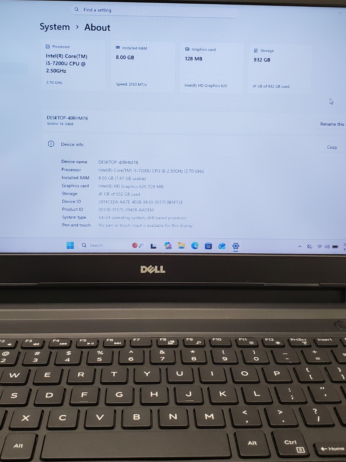 DELL VOSTRO 14 – 3468 Core i5-7200U @ 2.50GHz 8GB RAM 1TB HDD Windows 11 Pro