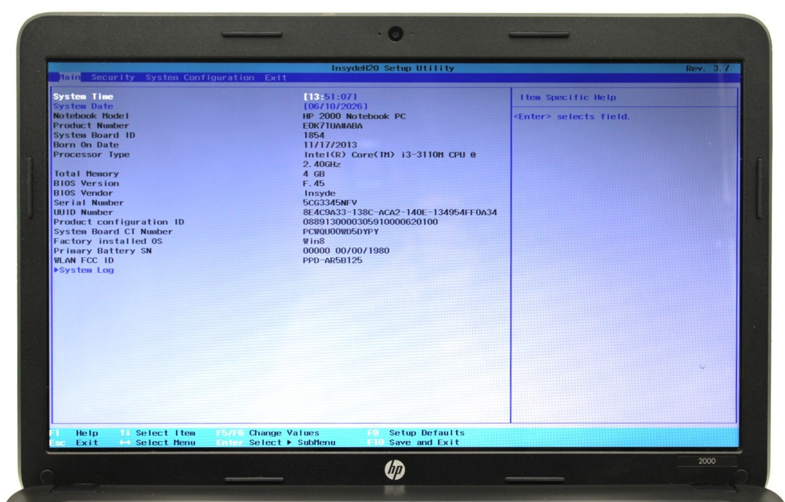 HP 2000-2d11DX i3-3100M@2.40GHz 4GB DDR3 NO STORAGE OR OS *USED/TESTED*