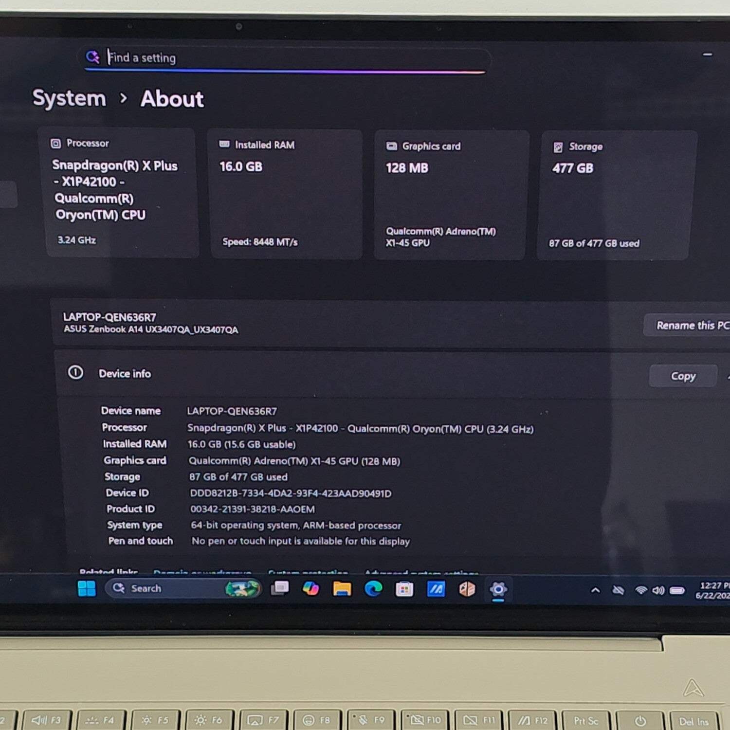 Asus Zenbook A 14 UX3407Q 14″ Snapdragon X Plus 3.2GHz 16GB RAM 512GB SSD