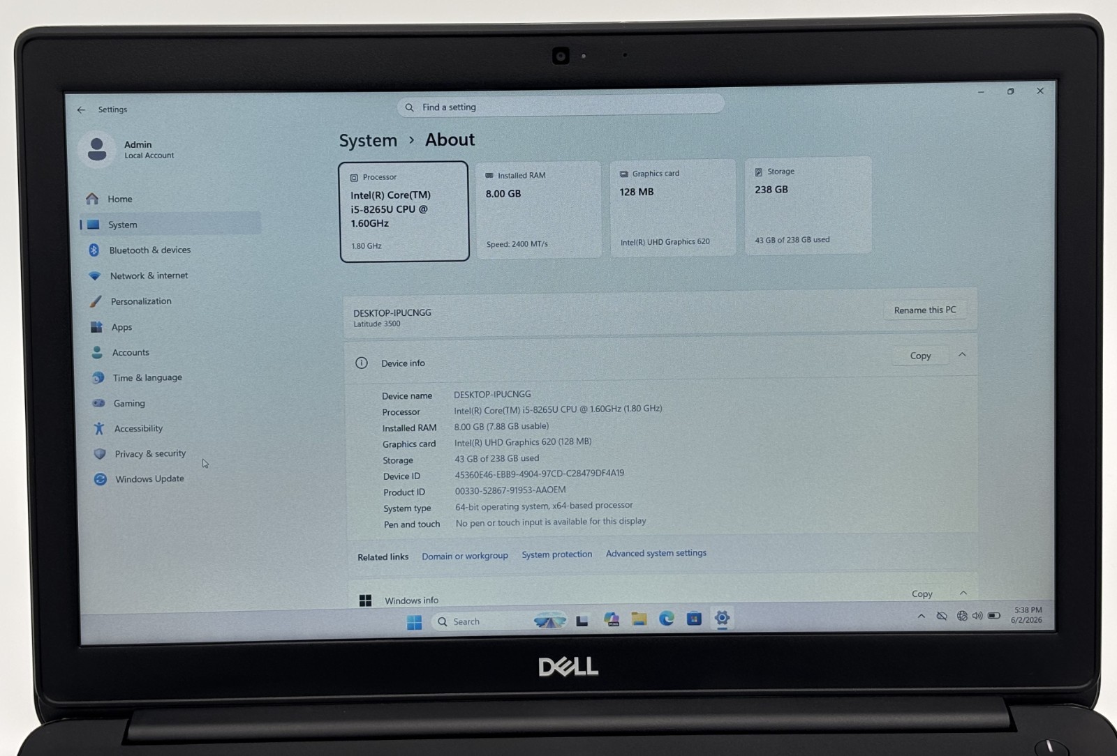 Dell Latitude 3500 15.6″ Laptop Intel i5-8265U 8GB RAM 256GB SSD Windows 11 Pro