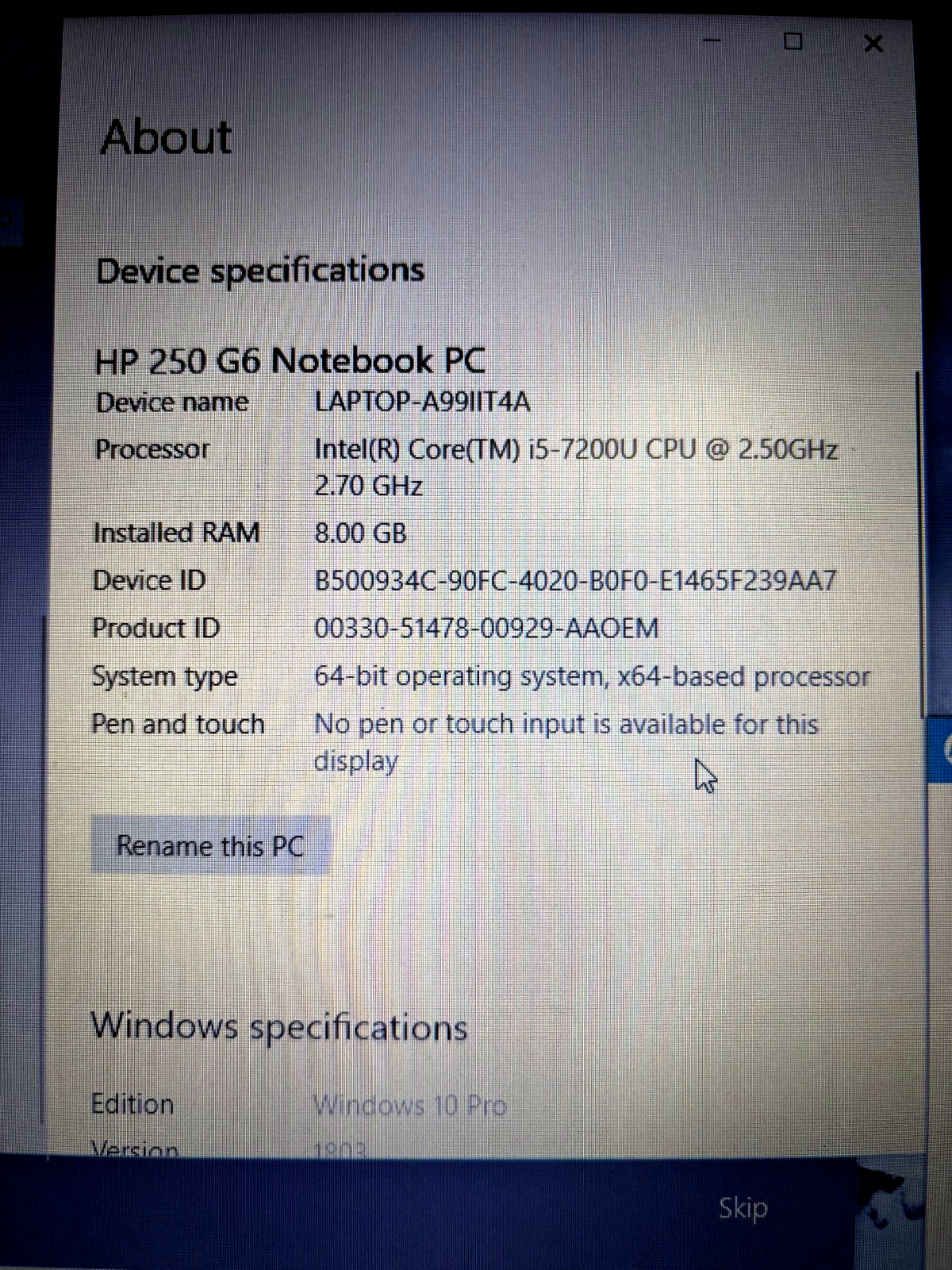 HP 250 G6 Notebook PC Core i5-7200u @ 2.50GHz 8GB RAM SN:CND8375CGW