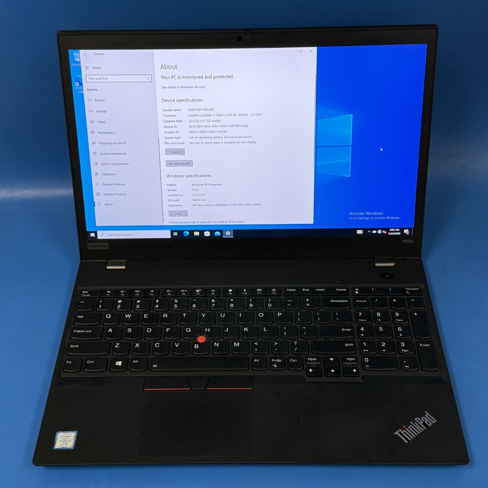 Lenovo ThinkPad P53s, i7-8665U, 16GB RAM, 256GB with 65W A/C Adapter, No OS