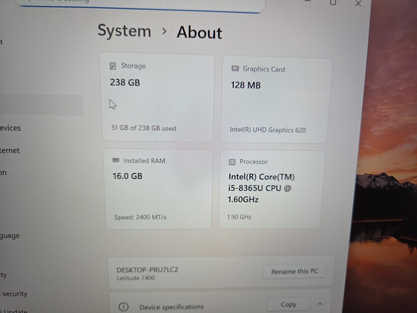 Dell Latitude 7400 14″ 256GB SSD Intel Core i5-8365U 1.6GHz 16GB RAM W11P NU BAT