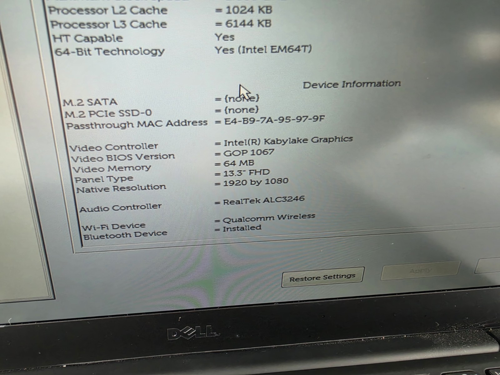 Dell XPS 13 9360, Intel Core i5-8250U @ 1.6GHz, 8GB RAM, NO SSD Laptop