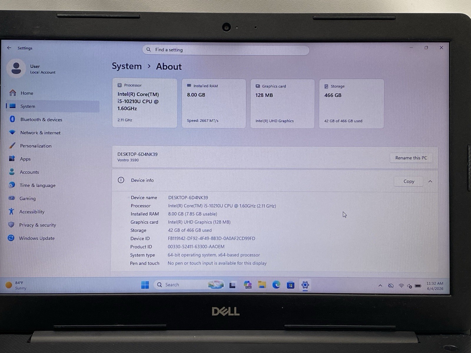 Dell Vostro 3590 15.6″ Core i5-10210U @ 1.60GHz 8GB RAM 512GB SSD Windows 11 Pro