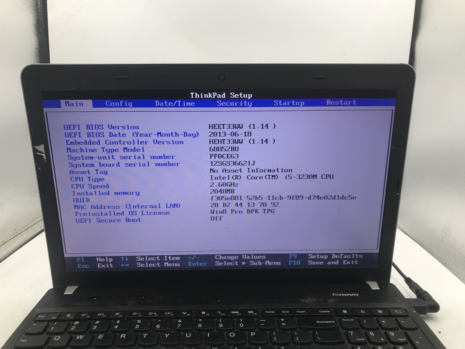 LENOVO THINKPAD E531 – BOOTS TO BIOS – INTEL I5 3230M – NO RAM – READ DESC – BB
