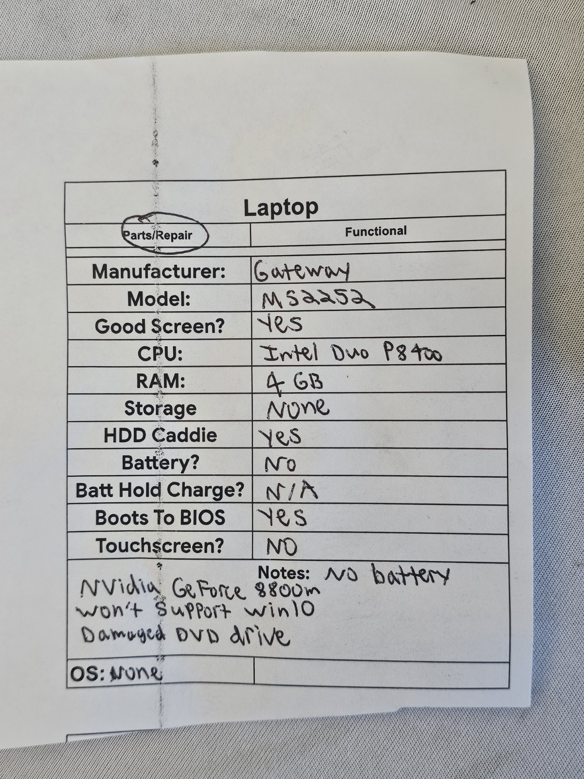 Gateway FX MS2252 Laptop – Intel Duo P8400 – 4GB RAM – NO BATT Parts/Repair-READ