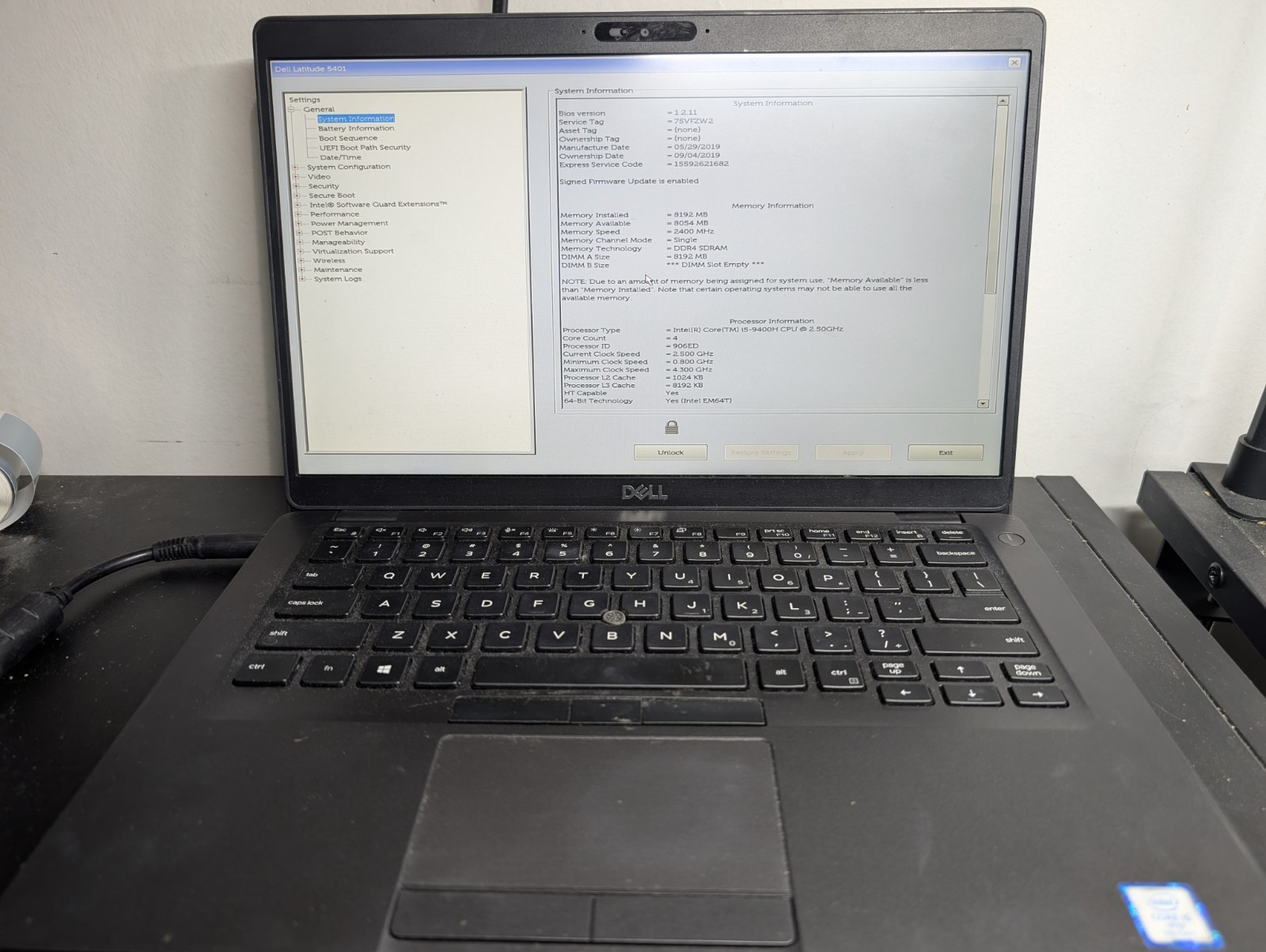 DELL LATITUDE 5401 INTEL CORE I5-9400H 2.50GHZ BIOS LOCK