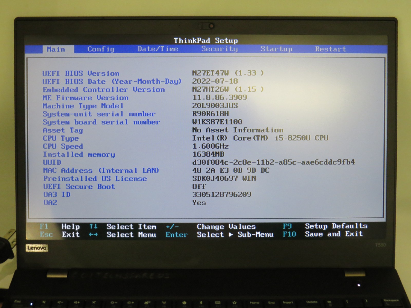 Lenovo ThinkPad T580 i5-8250U @ 1.6Ghz 16GB DDR4 250GB SSD 15.6″ No OS/Battery