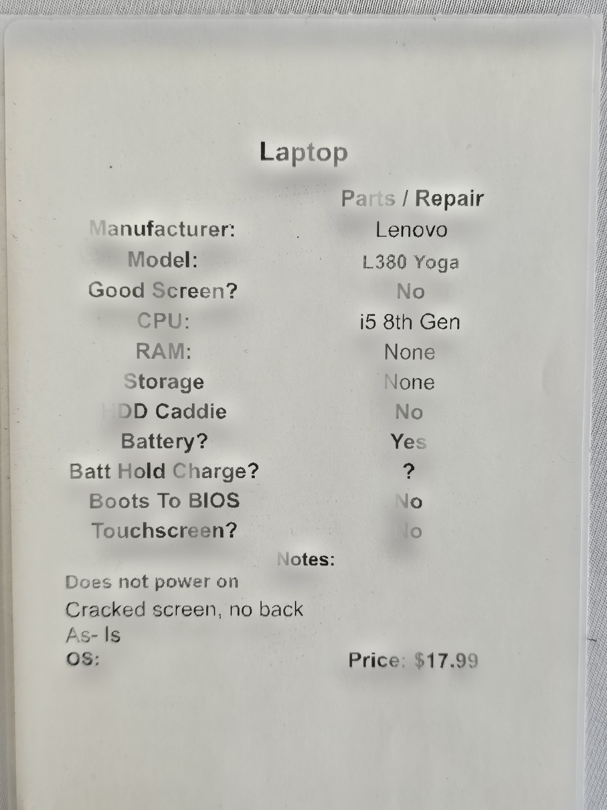 Lenovo ThinkPad L380 Yoga Laptop – DOESN’T POWER ON – Parts/Repair – Read Desc.