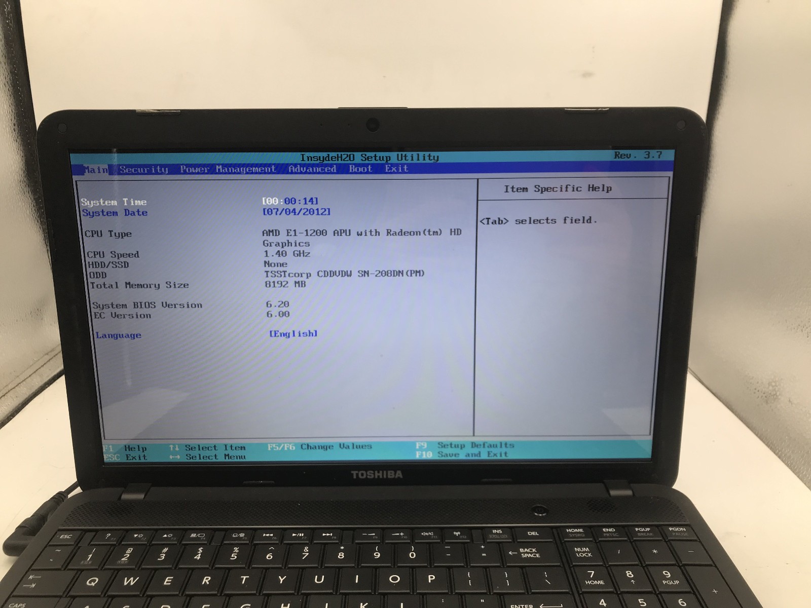 TOSHIBA SATELLITE C855D S5201 – BOOTS TO BIOS – AMD E1 1200 – 8GB RAM – READ -BB