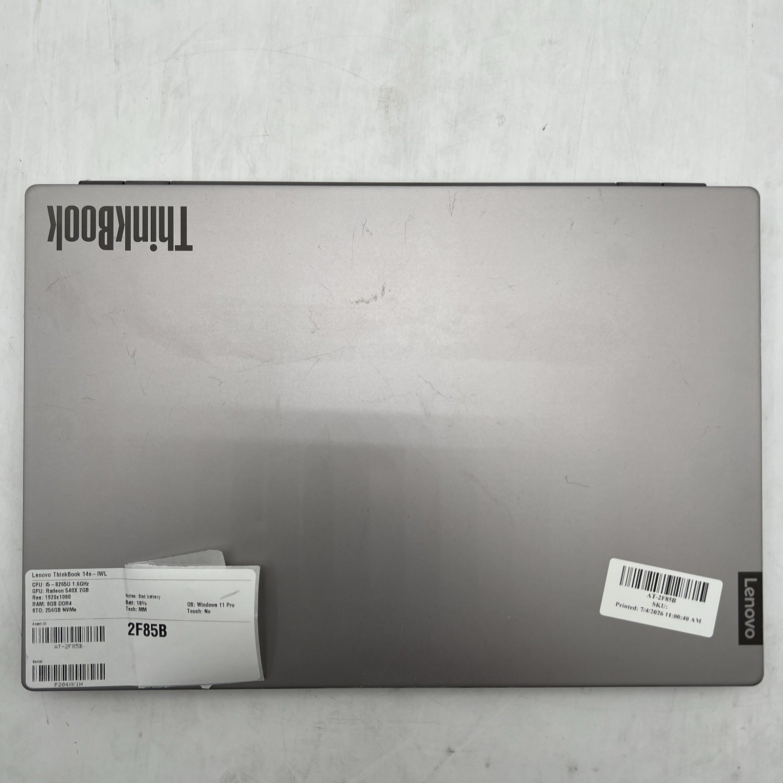 LENOVO ThinkBook 14s-IWL i5 8265U 1.6GHz 8GB RAM 256GB NVMe Win11P Bad Battery