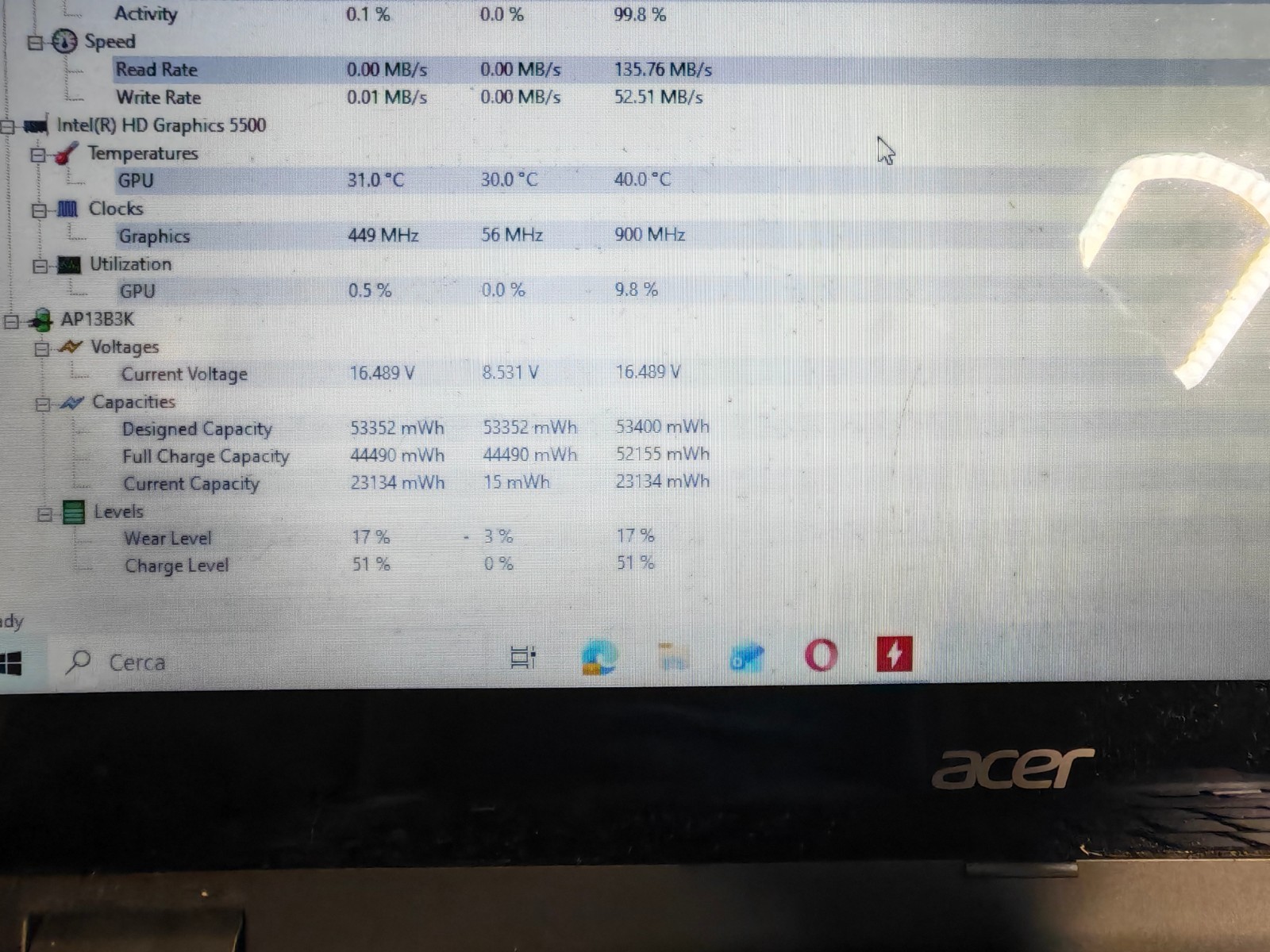 ACER BATTERY AP13B3K 15.V 3560mAh 53Wh ORIGINAL 83% #