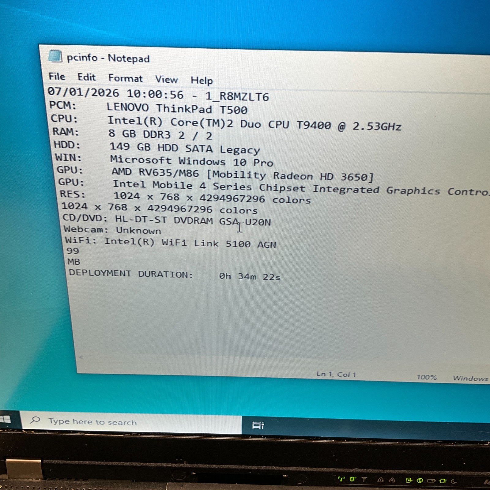 Lenovo ThinkPad T500 Intel Core 2 Duo T9400 2.53GHz 8GB 160GB HDD Win 10 Pro