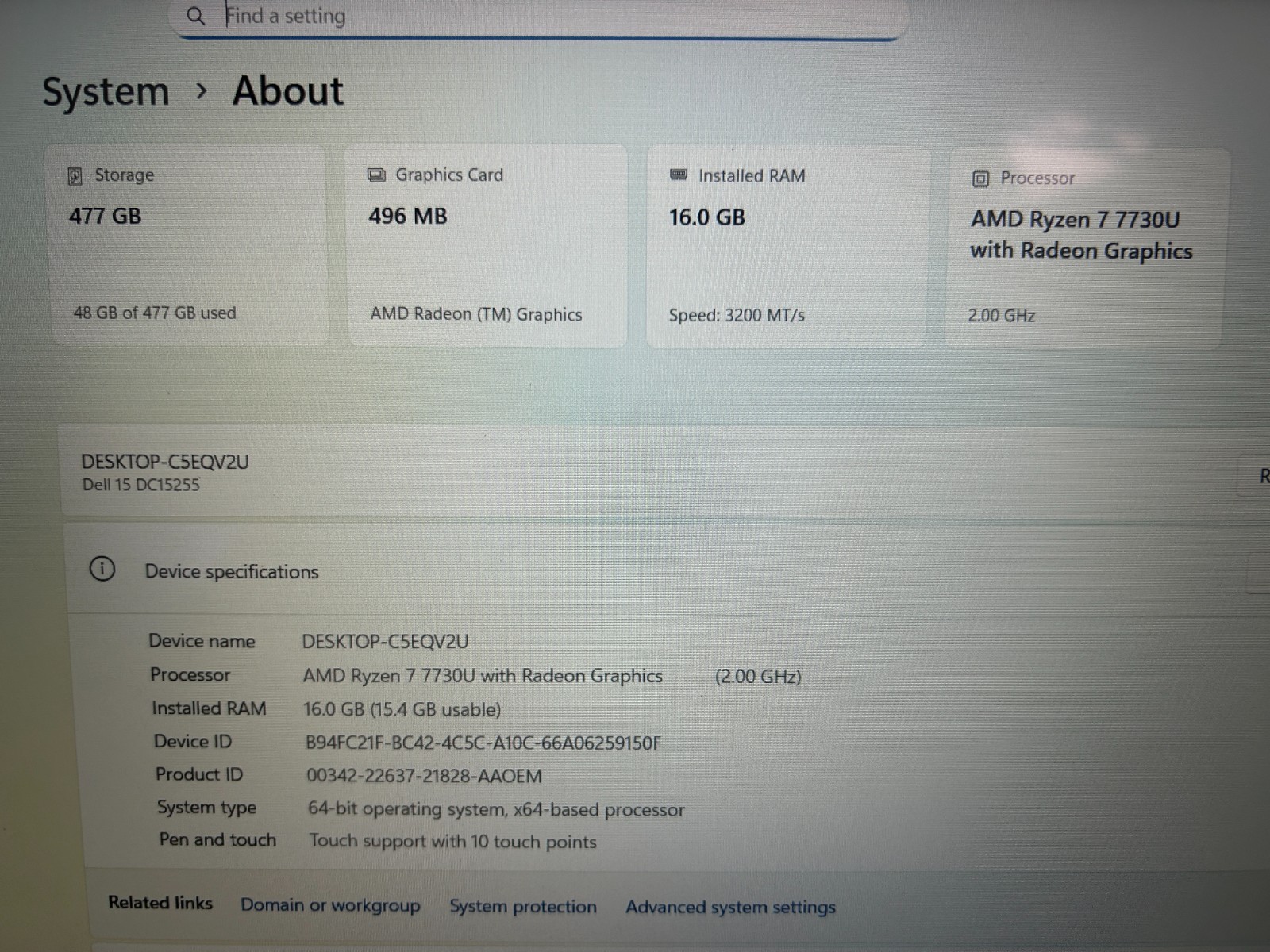DELL 15 DC15255 G8MK9, AMD Ryzen 7 7730U, 2.00 GHz, 16 GB RAM, 512 GB NVMe SSD