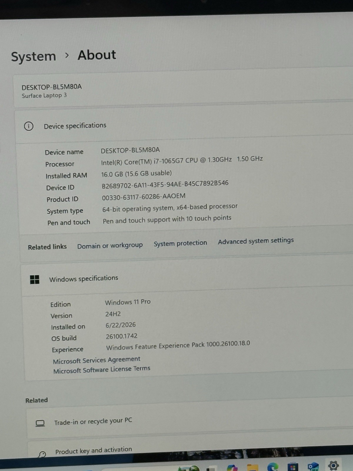 Microsoft Surface Laptop 3 1868 13.5″ Touch i7-1065G7 1.3GHz 16GB 256GB Win11P