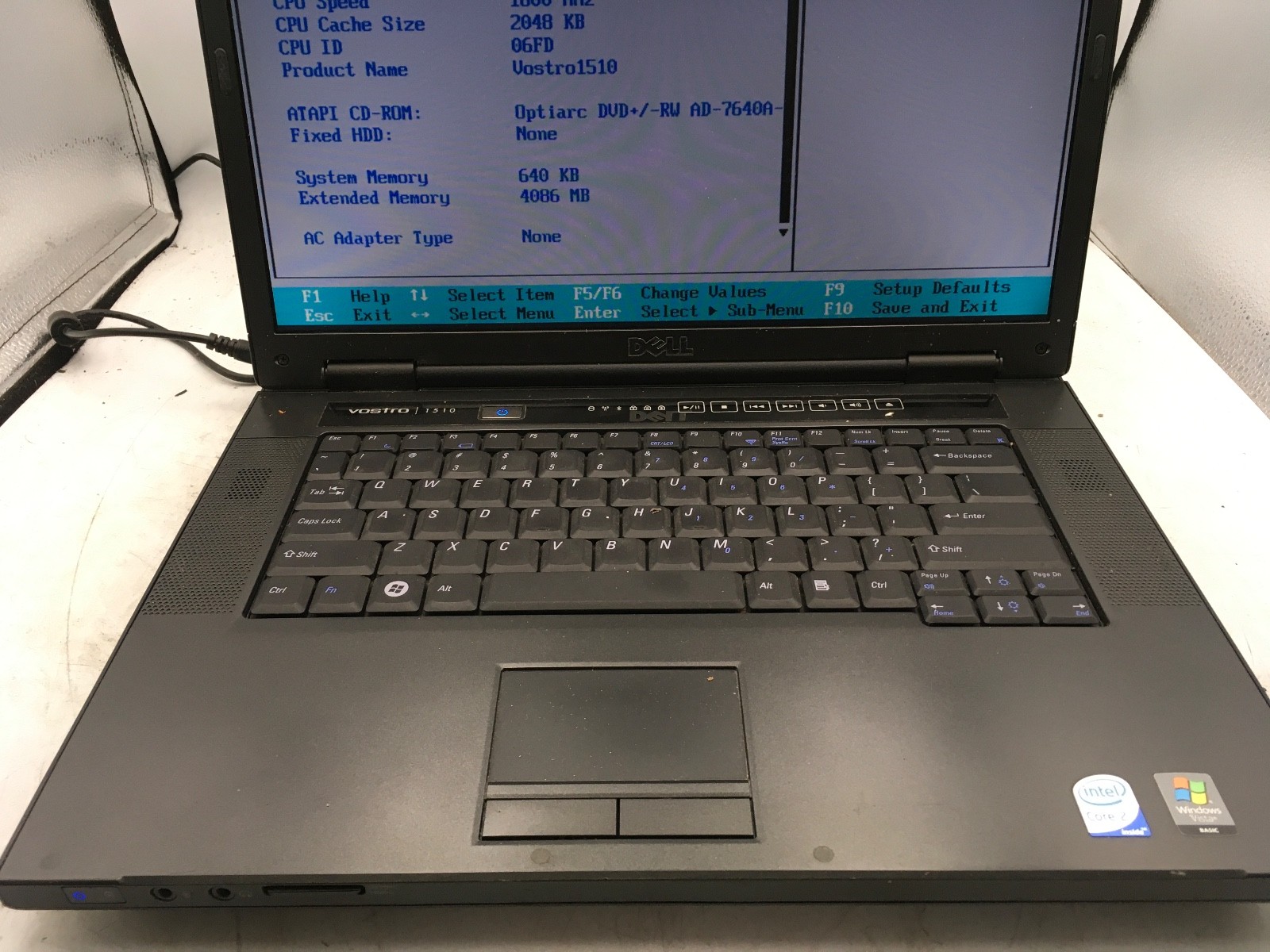 DELL VOSTRO 1510 – BOOTS TO BIOS – INTEL CORE 2 DUO – 4GB RAM – READ DESCRIP -BB
