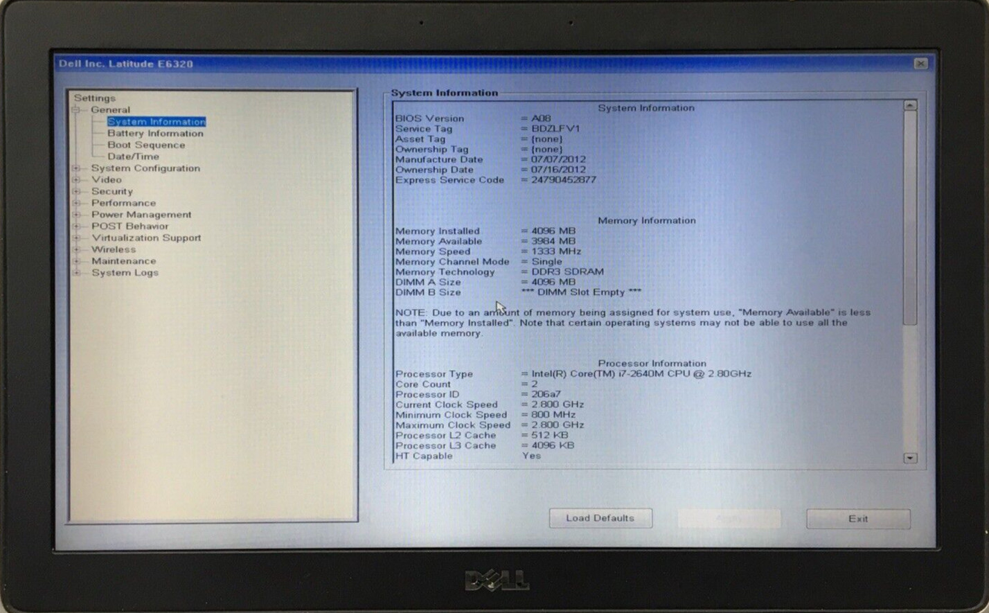 Dell Latitude E6320 Intel Core i7 2640M @ 2.80GHz 4GB No HDD Boot to BIOS