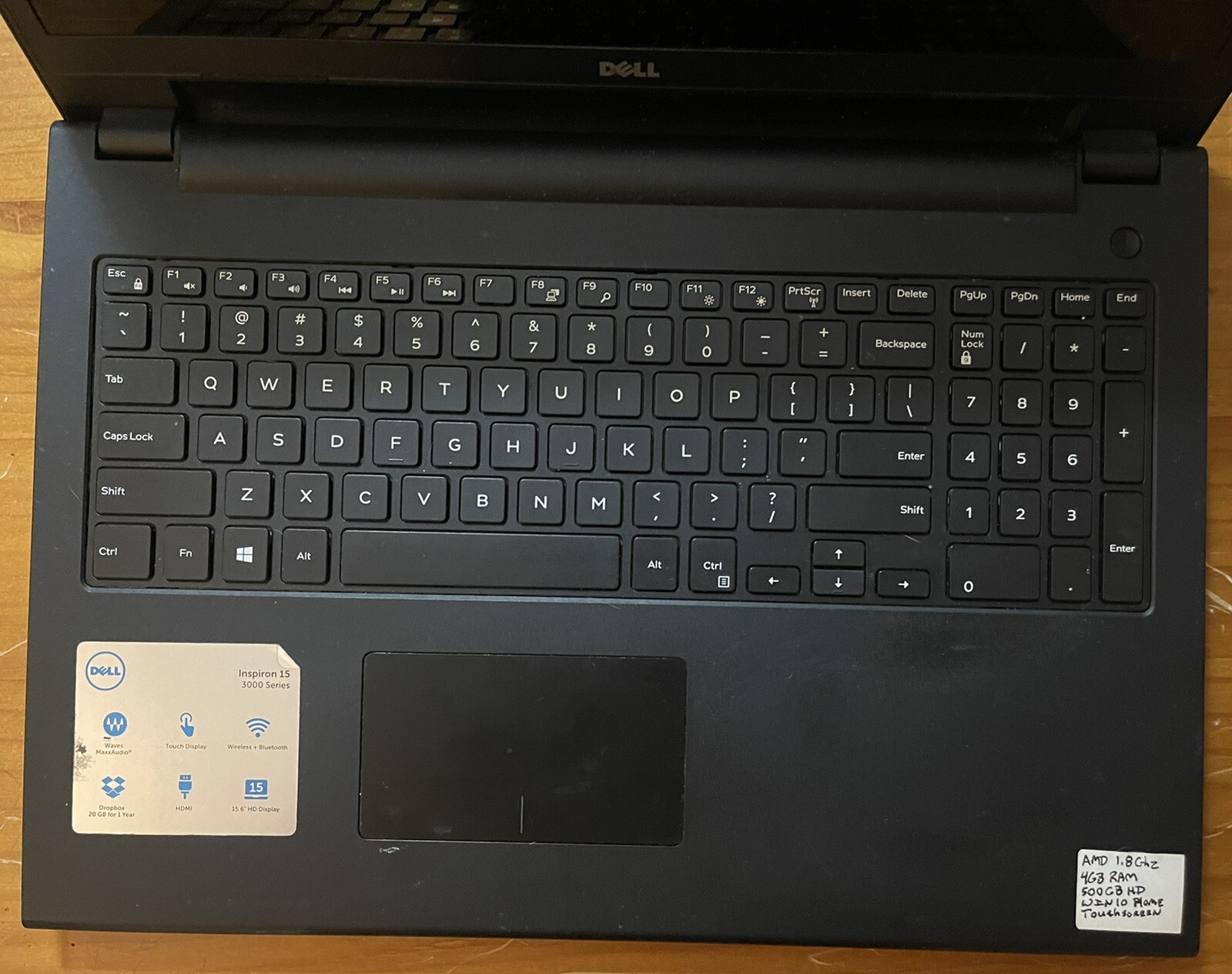 Dell Inspiron 15 3000 Series Intel 1.8GHz 4GB Ram 500GB HD Win 10 – No Charger