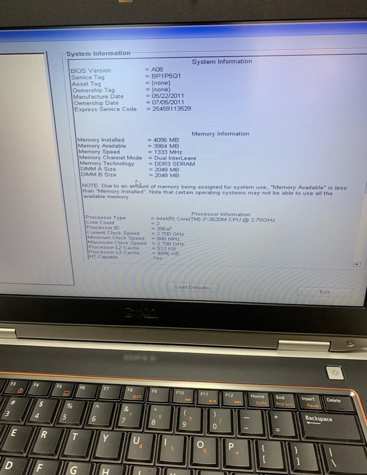 DELL LATITUDE E6420 INTEL CORE I7-2620M 2.7GHZ 4GB RAM no hard drive