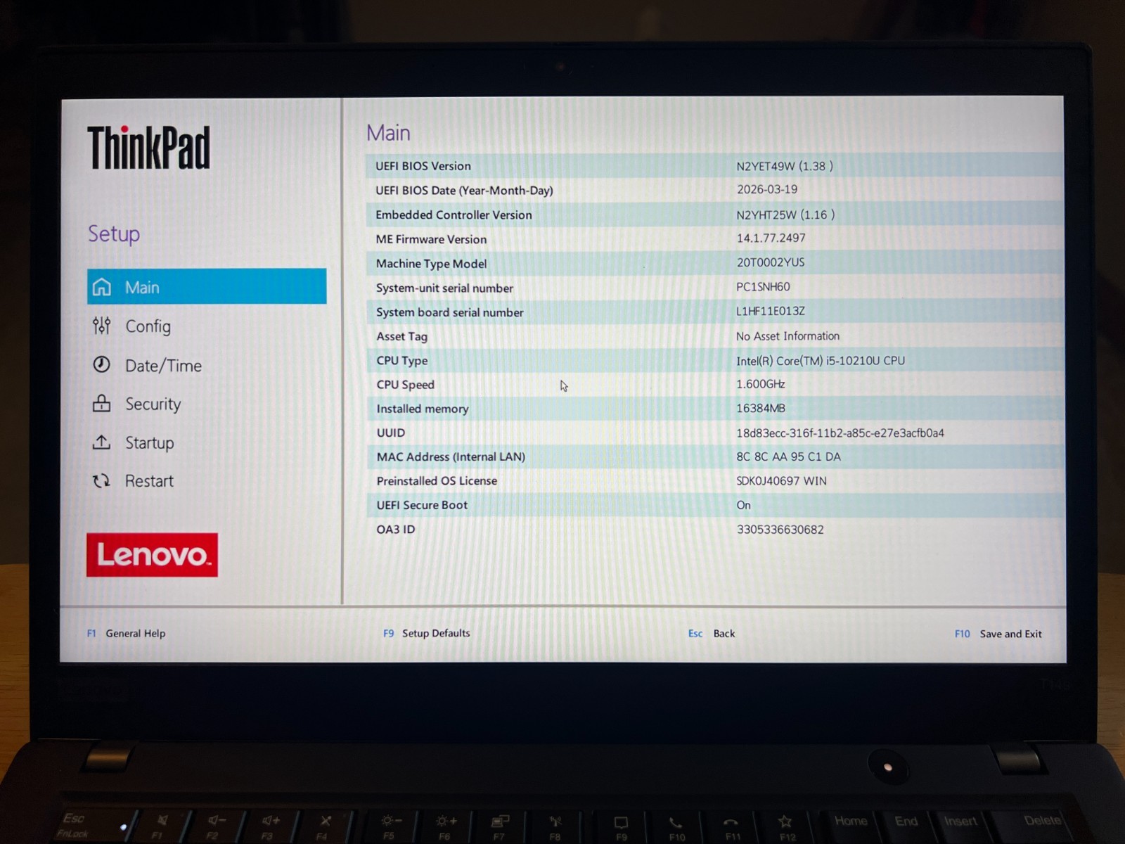 Lenovo ThinkPad T14s Gen 1 (20UH) — Intel i5-10210U 1.6Ghz, 16GB DDR4, 512GB M2