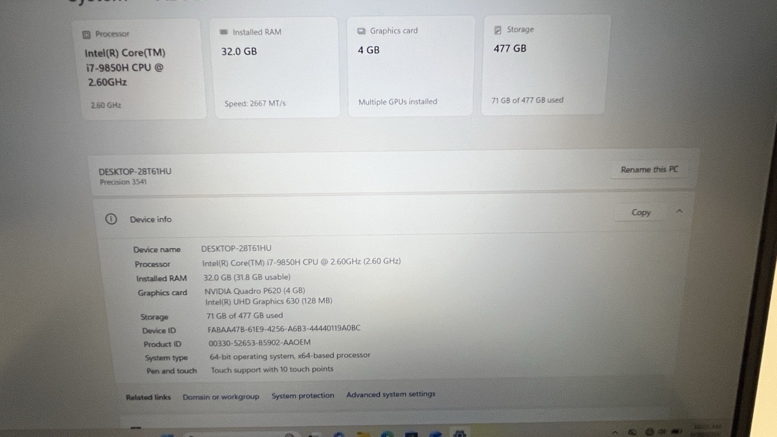 Dell Precision 3541 15.6 FHD i7-9850H 32GB 512GB Quadro P620 – Windows 11 Pro