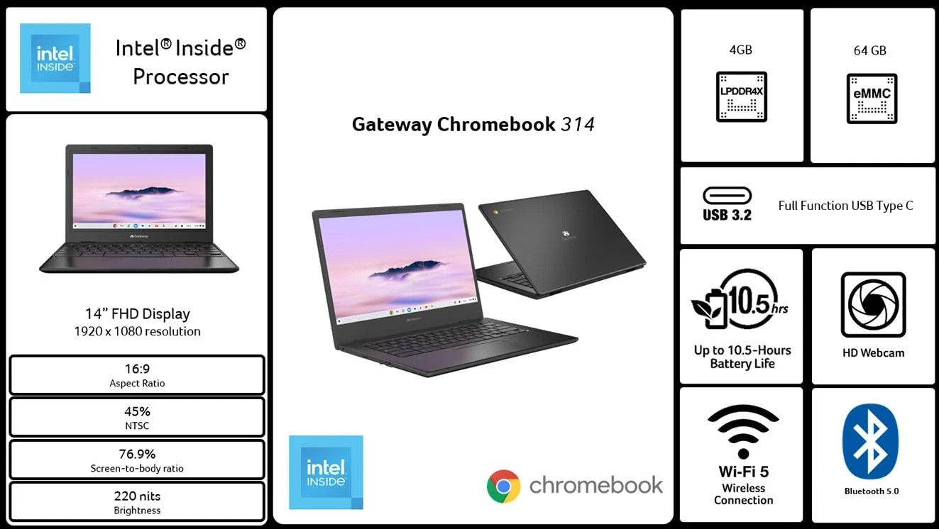 Gateway Chromebook 314 14″ Intel Celeron N4500 4GB RAM 64GB SSD Refurbished