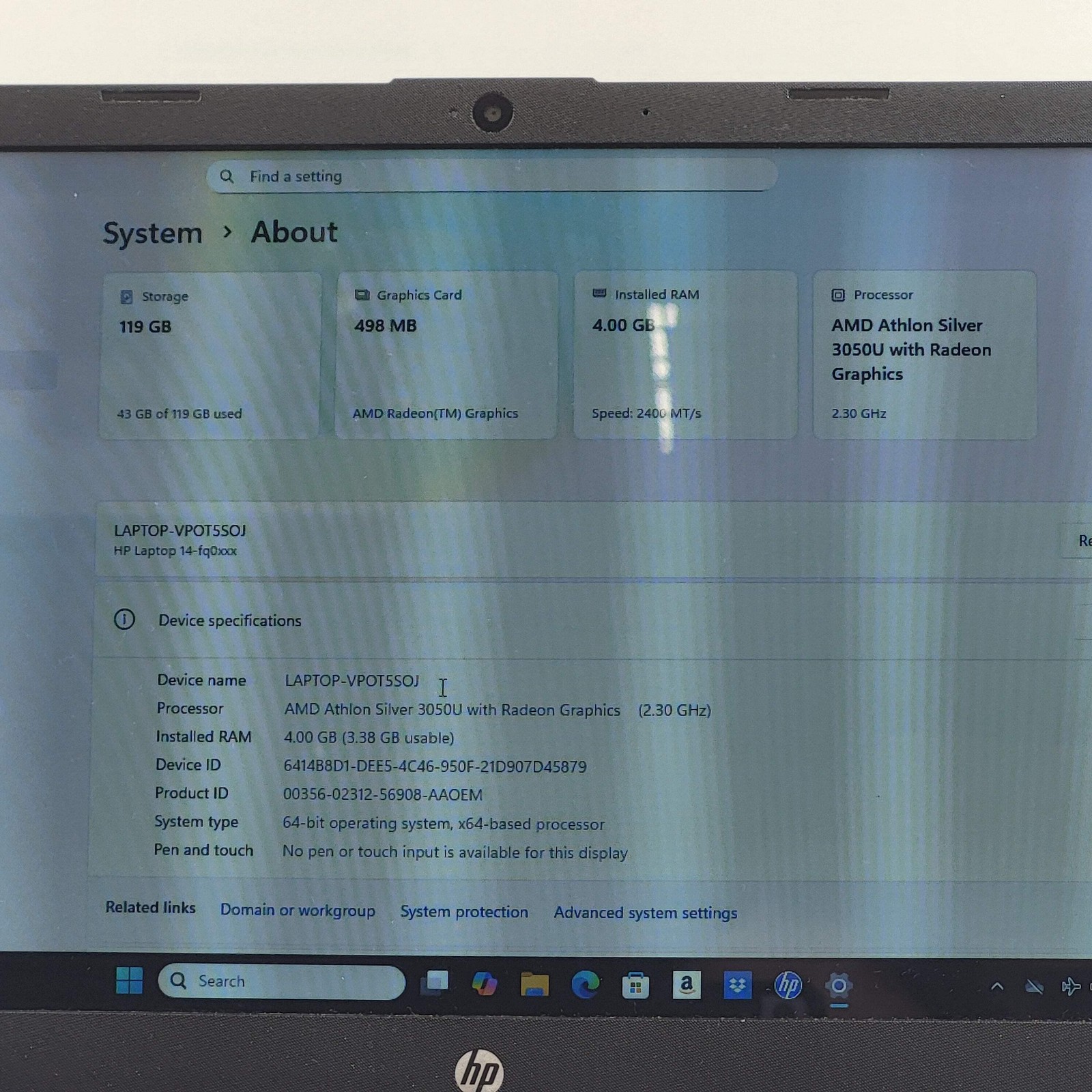 HP Blacktop 14-FQ0XXX 14″ AMD 3050U 2.3GHz 4GB RAM 128GB SSD