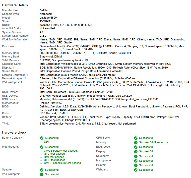 Dell Latitude 5500, i5-8265U CPU, @ 1.60GHz, 8GB RAM-No HDD/OS/Charger