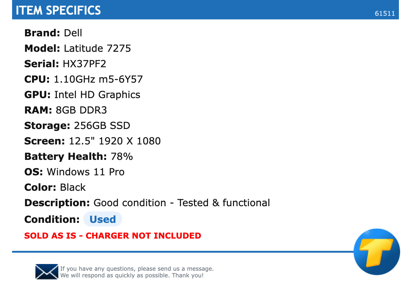Dell Latitude 7275 – 12.5″ FHD, 1.10GHz m5-6Y57, 8GB RAM, 256GB SSD