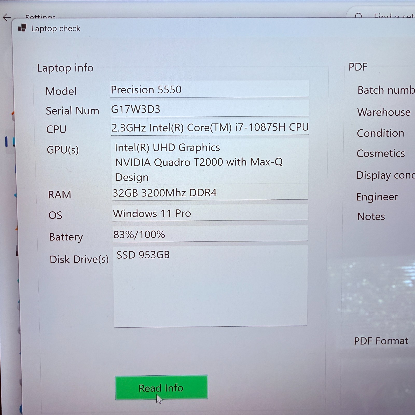 Dell Precision 5550 15 TOUCH i7-10875H 2.30 GHz 32GB 1TB Quadro T2000 Max-Q Good