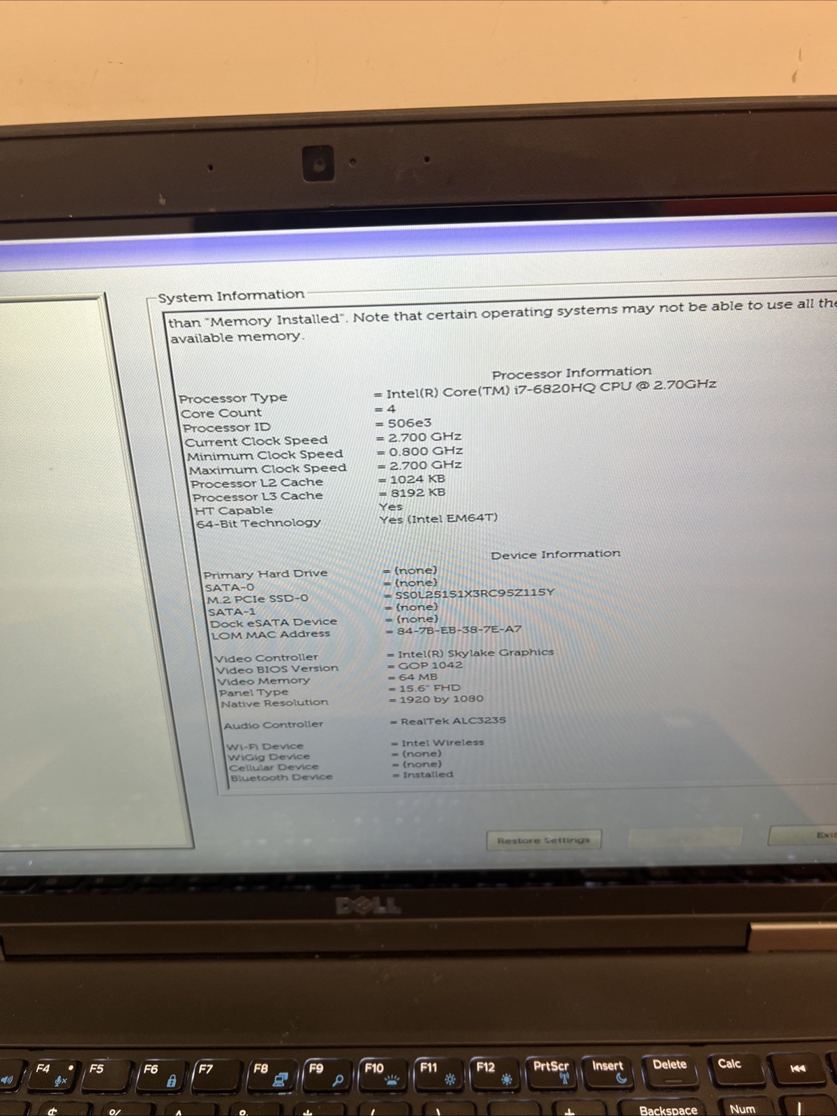 Dell Latitude E5570 Intel Core i7-6820HQ 2.70GHz 8GB RAM 250GB SSD Win11Pro