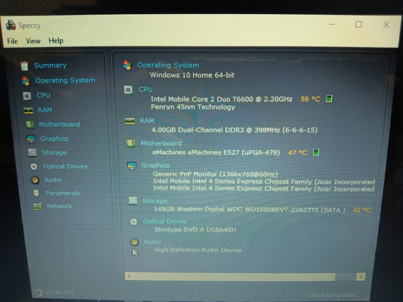 Emachines E527/Core2Duo T6600/2.20ghz/4gb/160gb/Windows 10 Home/Vga/15.6″