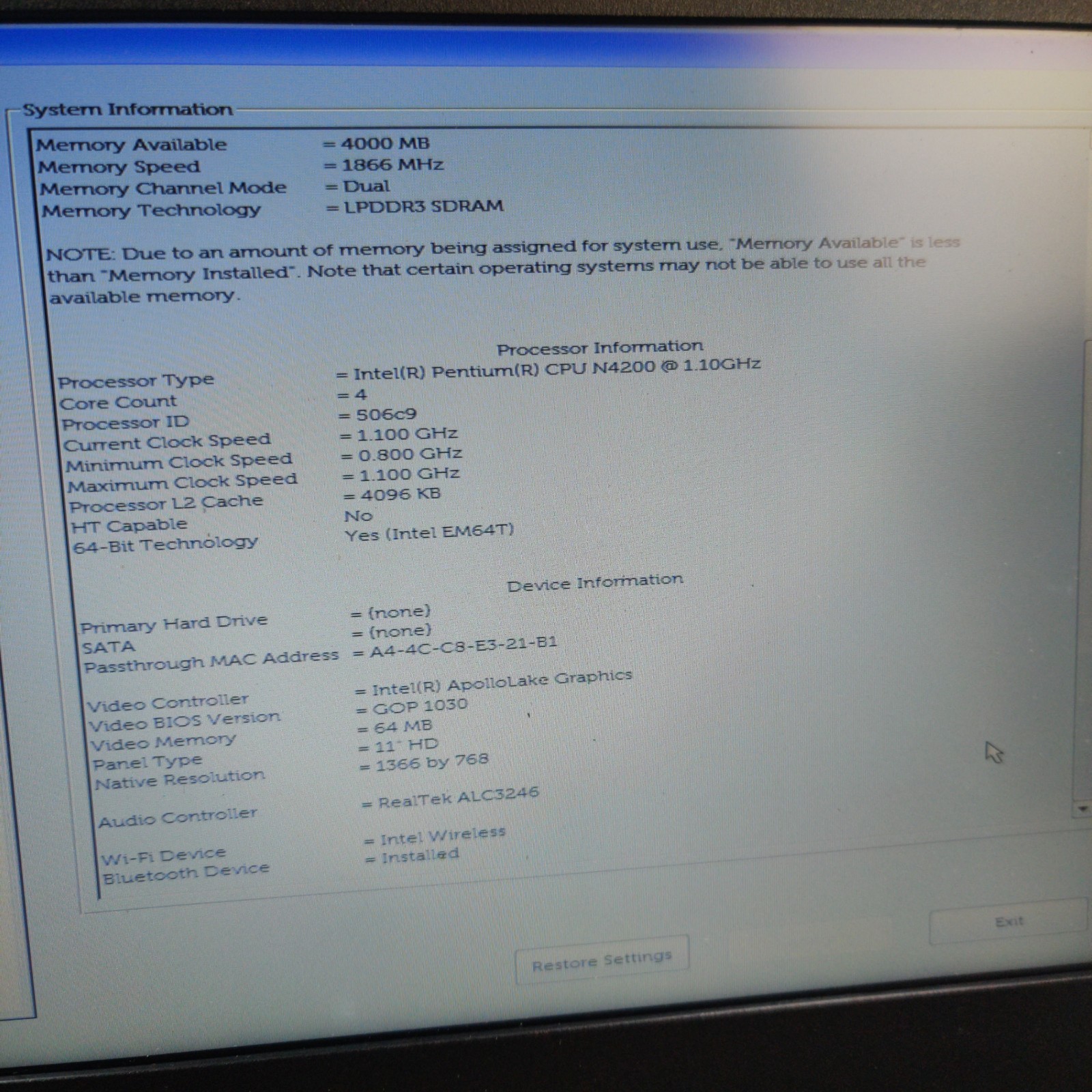 Dell latitude 3180 N4200 1.1GHz 4GB Ram NO SSD/OS/AC ADAPTER FOR PARTS BAD LCD