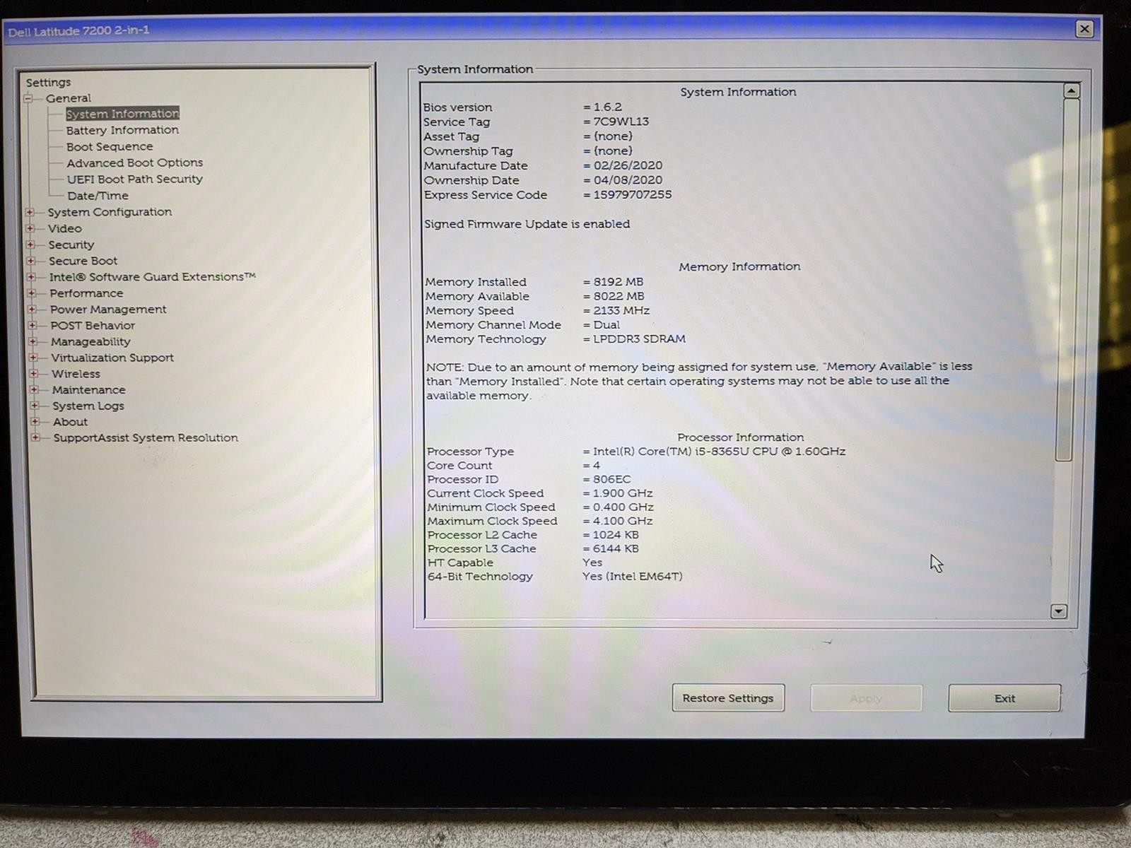 DELL LATITUDE 7200 2-IN-1 i5-8365U @ 1.60GHz, 8GB RAM, NO HDD/OS – (FOR PARTS)