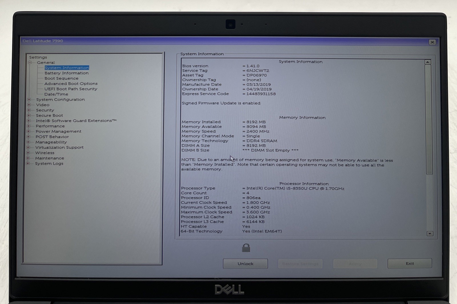 Dell Latitude 7390 i5-8350U 1.7GHz 8GB RAM NO SSD No Battery No OS BIOs Locked